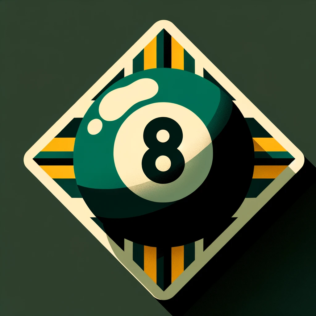 DALL·E 2024 02 20 00.25.04 Design a flat Art Deco style illustration of an 8 ball using only three colors_ green 45f882 rich yellow ffbe18 and black. The artwork should 