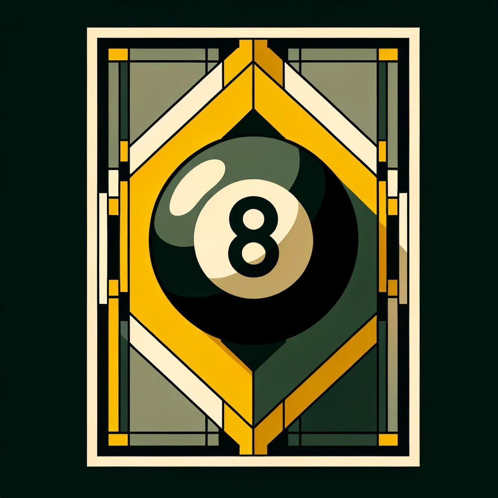 DALL·E 2024 02 20 00.25.06 Design a flat Art Deco style illustration of an 8 ball using only three colors_ green 45f882 rich yellow ffbe18 and black. The artwork should 
